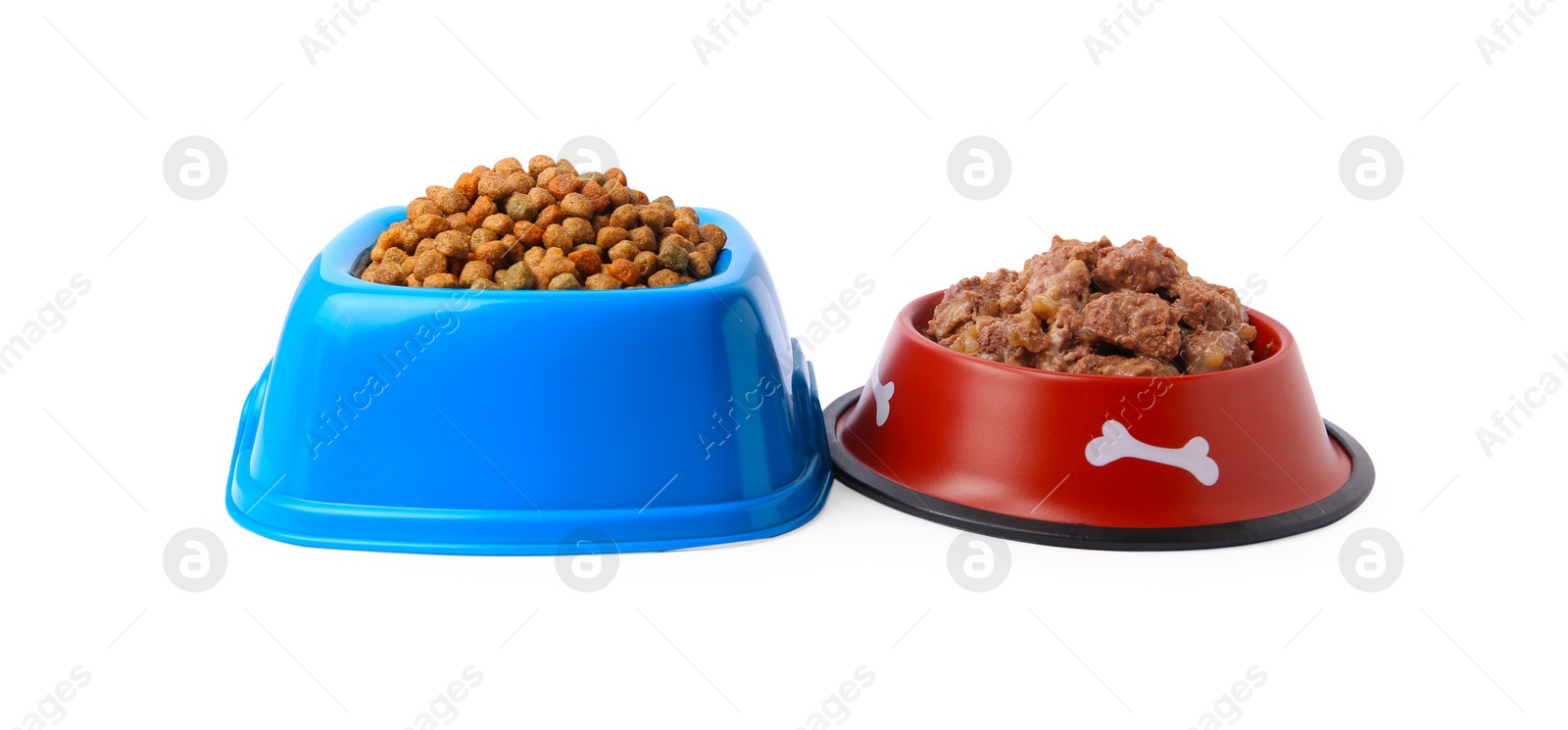 Photo of Dry and wet pet food in feeding bowls on white background