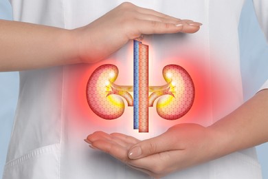 Image of Doctor holding virtual image of inflamed kidneys, closeup