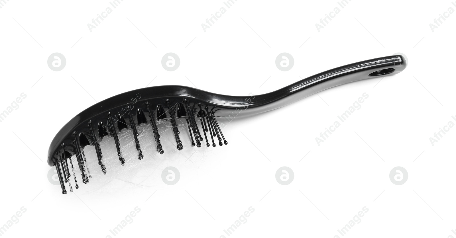 Photo of Brush with lost hair isolated on white, top view