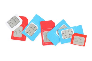 Photo of Different SIM cards on white background, top view