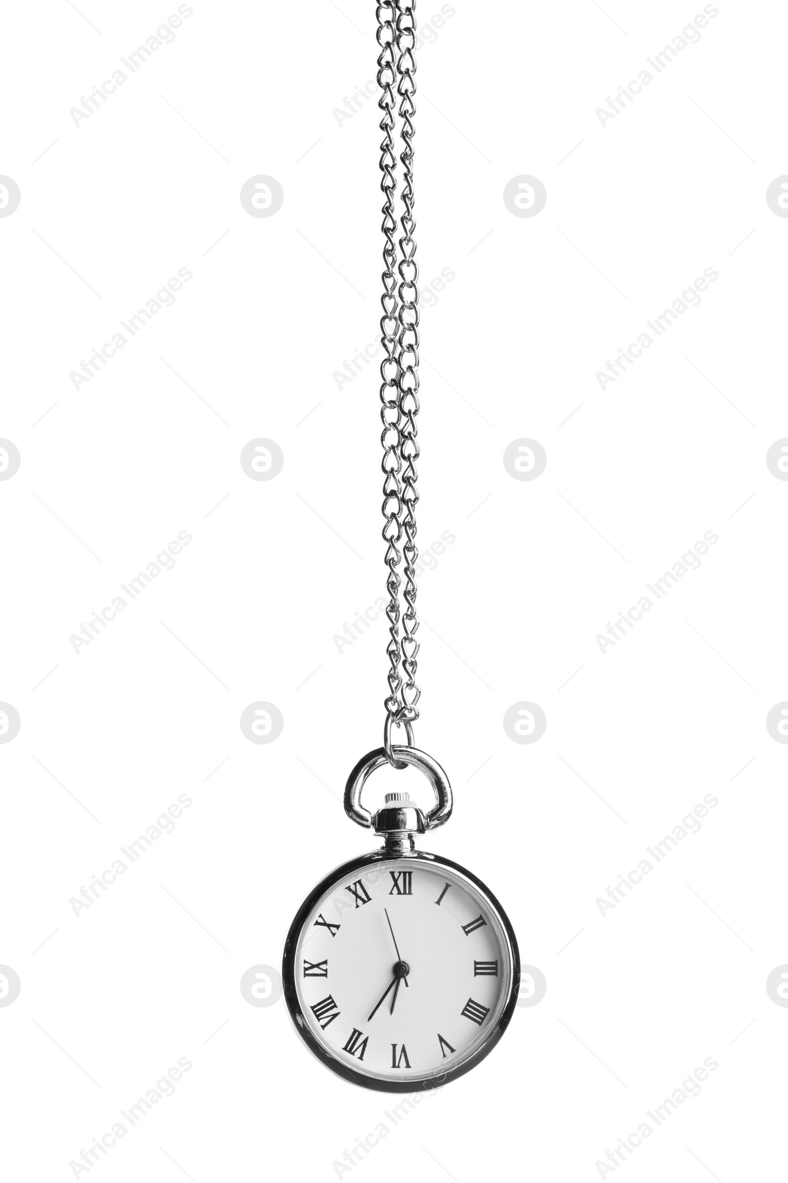 Photo of Beautiful vintage pocket watch with silver chain isolated on white. Hypnosis session