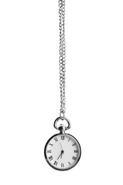 Photo of Beautiful vintage pocket watch with silver chain isolated on white. Hypnosis session