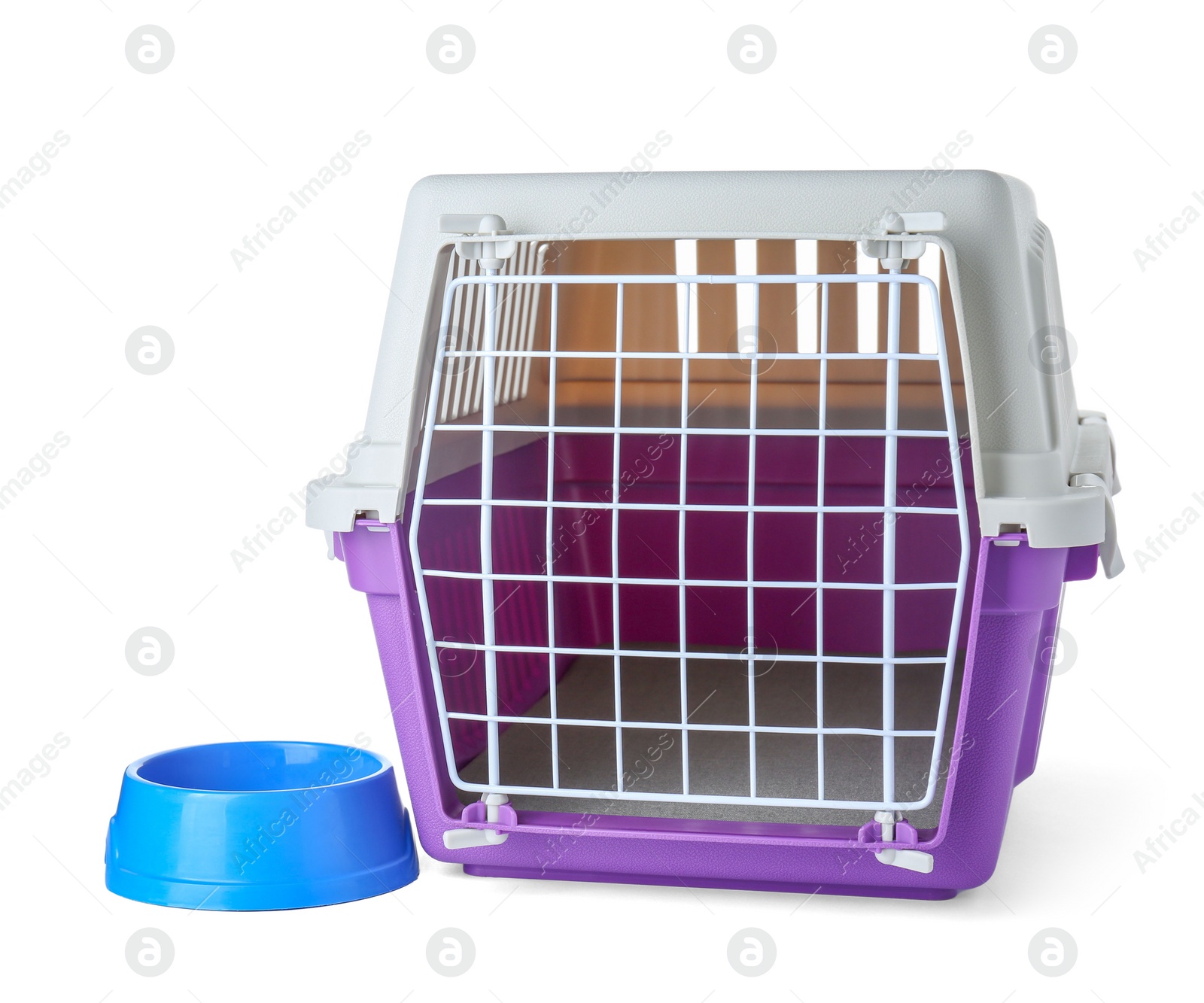 Photo of Violet pet carrier and bowl isolated on white