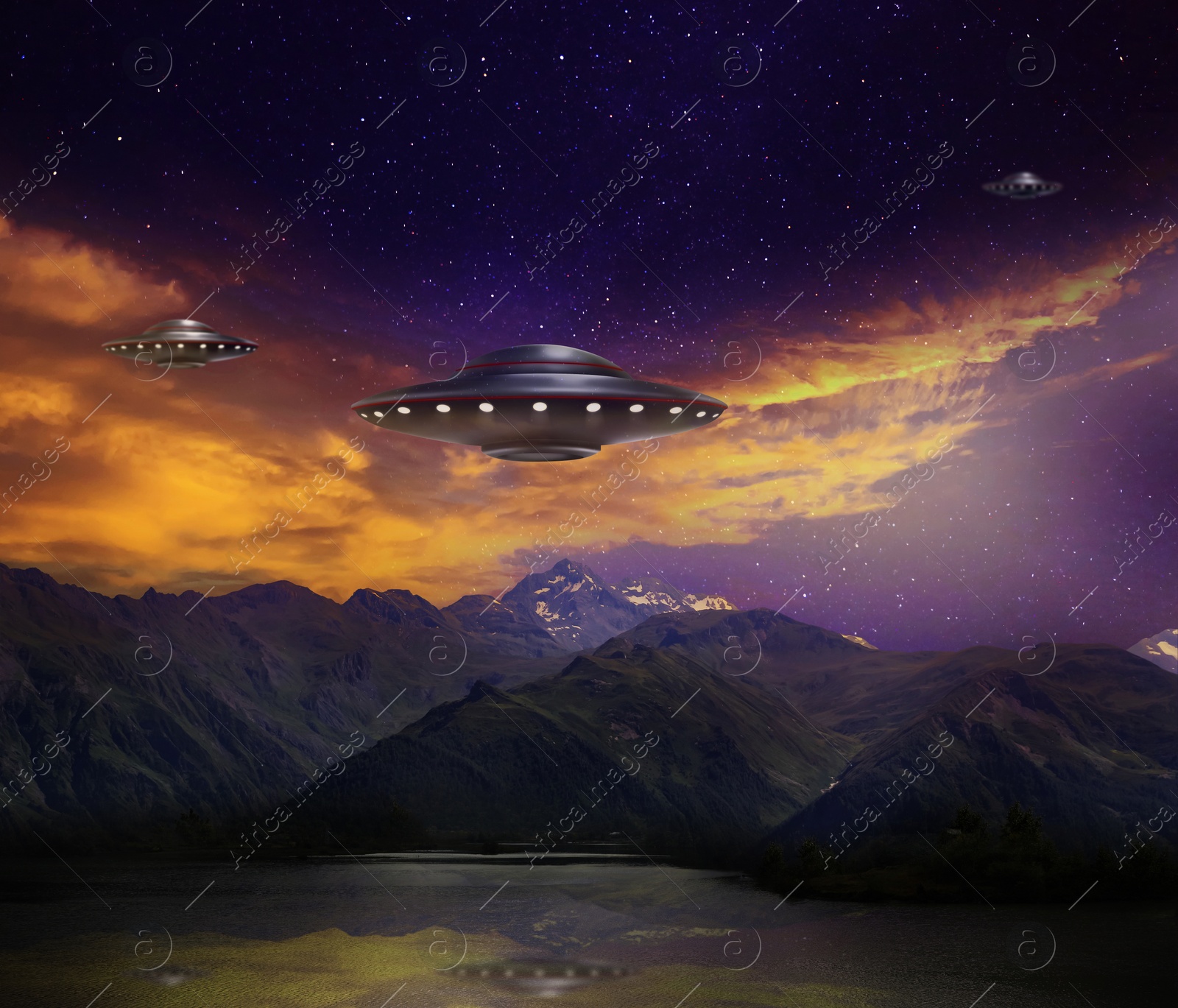 Image of UFO. Alien spaceships flying over mountains. Extraterrestrial visitors