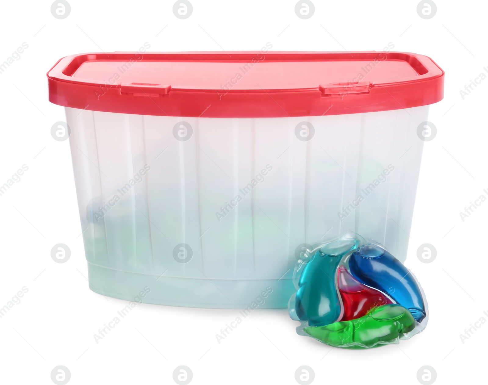 Photo of Laundry capsule and box on white background