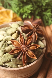 Photo of Dry anise star and cardamon seeds in bowl, closeup. Mulled wine ingredients