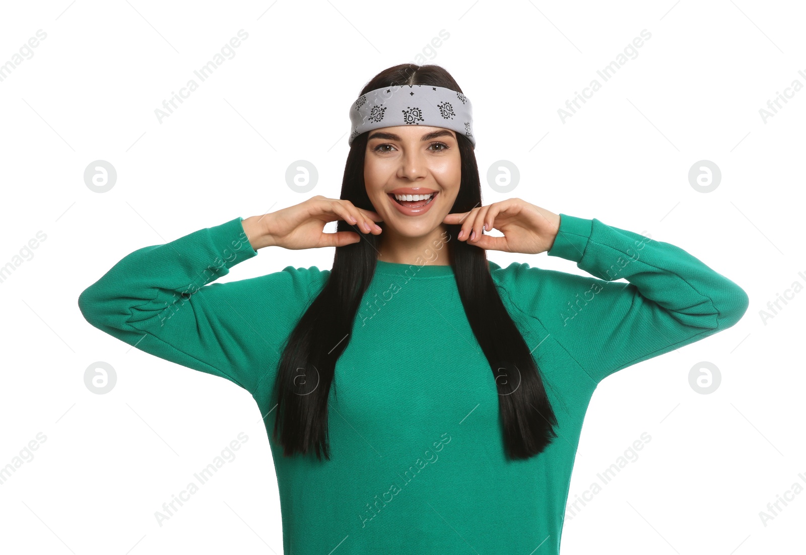 Photo of Young woman wearing stylish bandana on white background