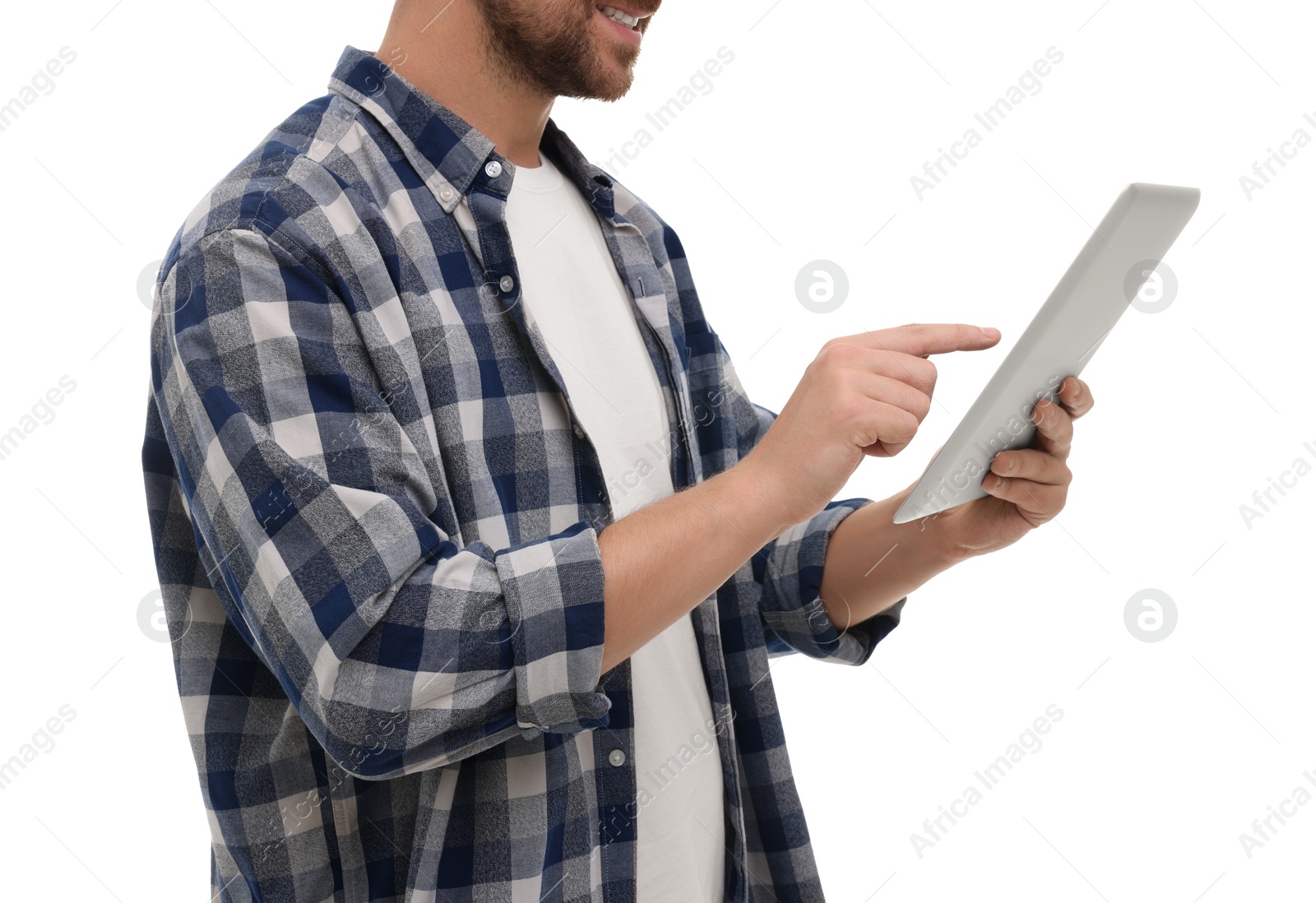 Photo of Happy man using tablet on white background, closeup