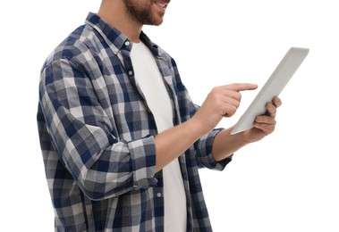 Photo of Happy man using tablet on white background, closeup