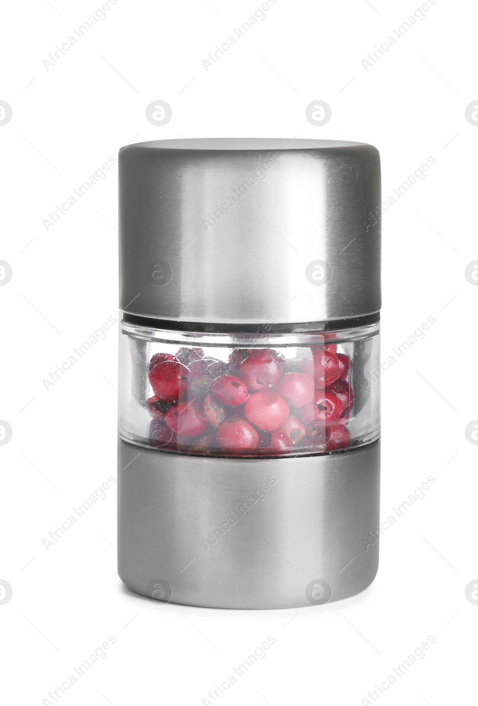 Photo of Grinder with red peppercorns isolated on white