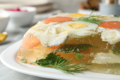 Photo of Delicious fish aspic with dill on plate, closeup