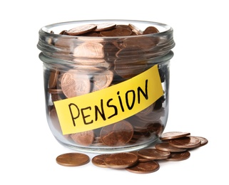 Glass jar with label PENSION and coins on white background