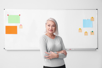 Photo of Mature teacher near whiteboard in modern classroom