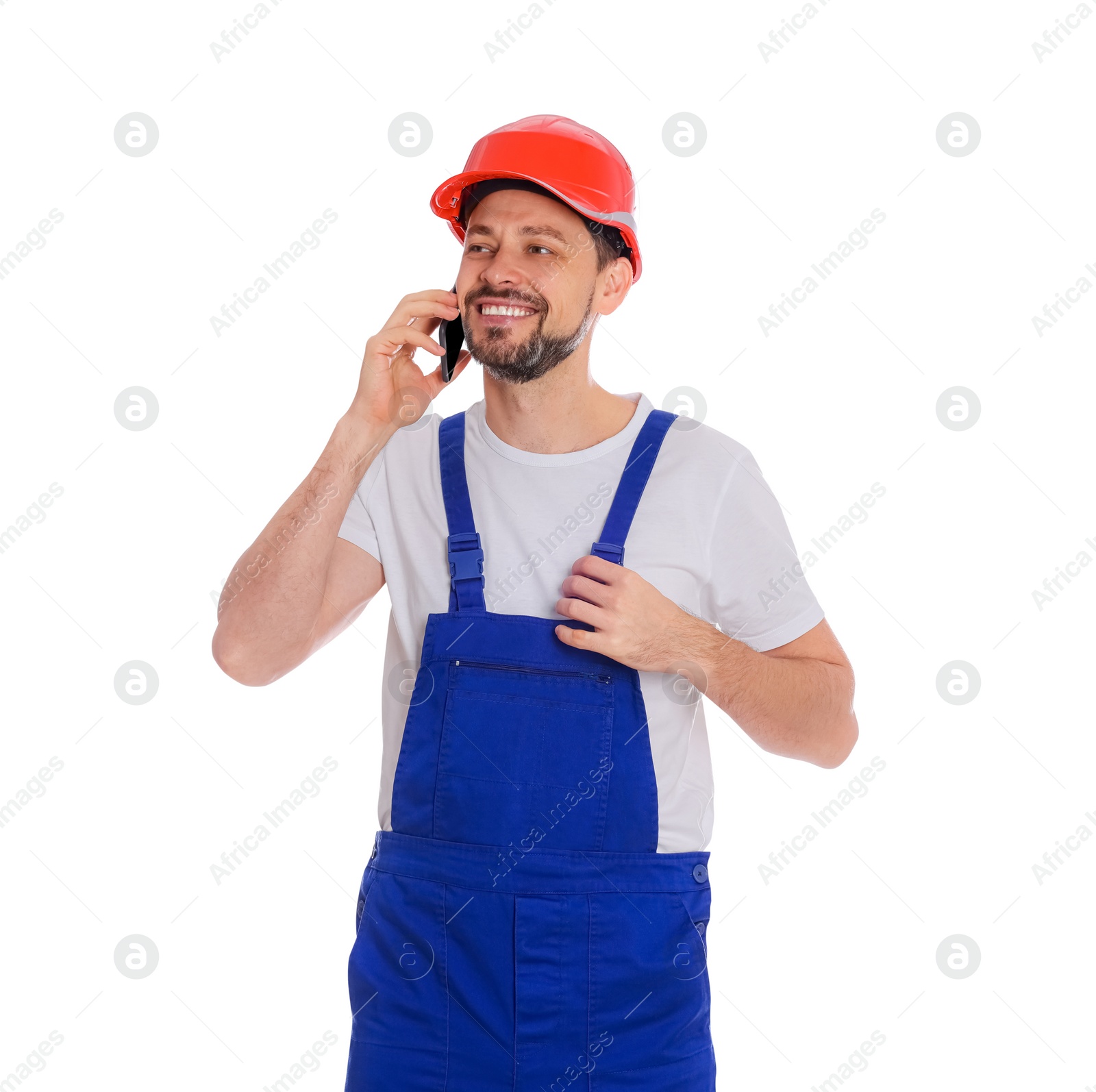 Photo of Professional repairman in uniform talking on phone against white background