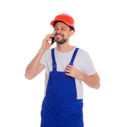 Photo of Professional repairman in uniform talking on phone against white background