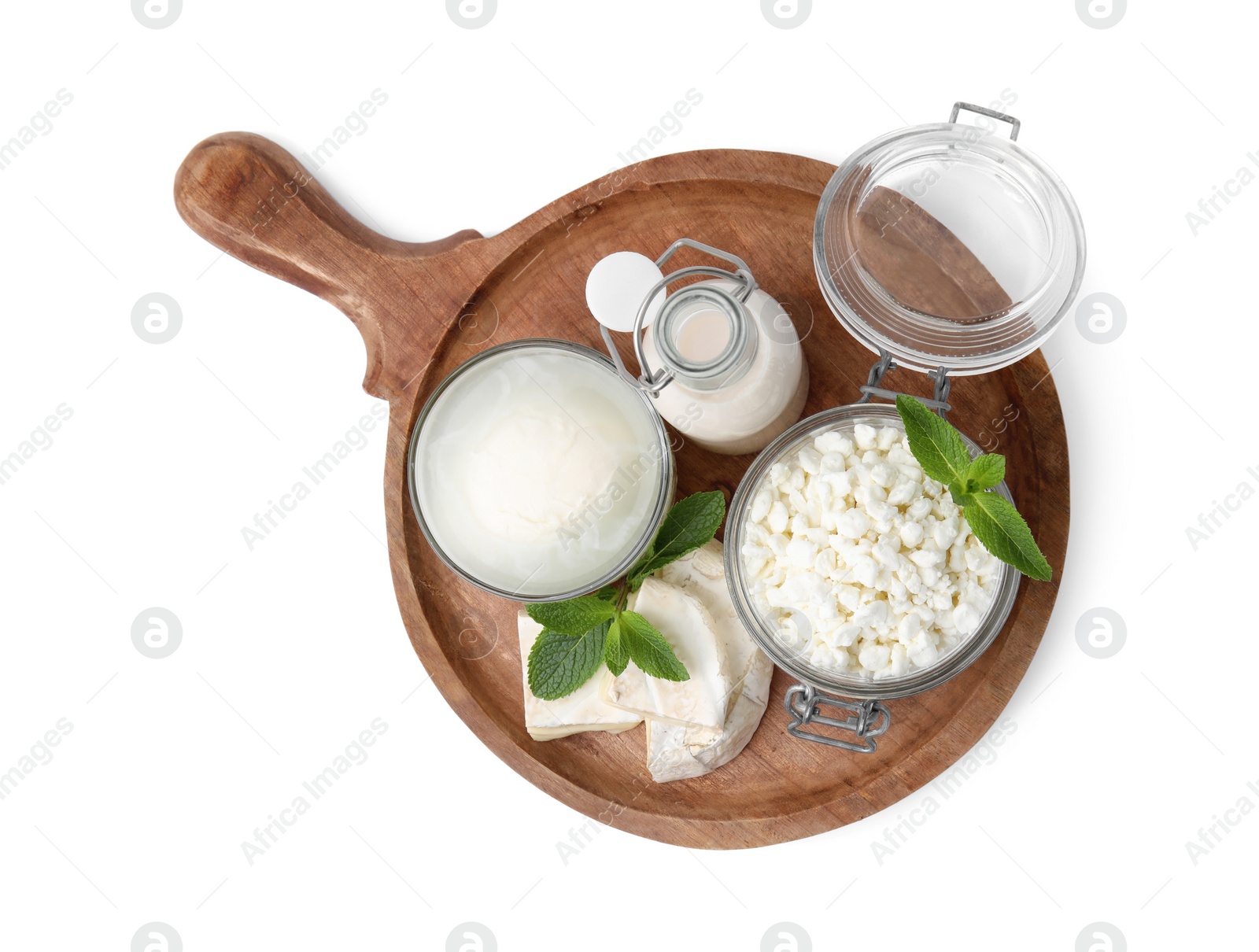 Photo of Different dairy products and mint isolated on white, top view