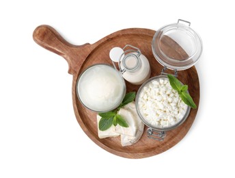 Photo of Different dairy products and mint isolated on white, top view