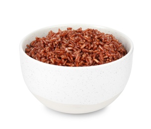 Bowl with delicious cooked brown rice on white background