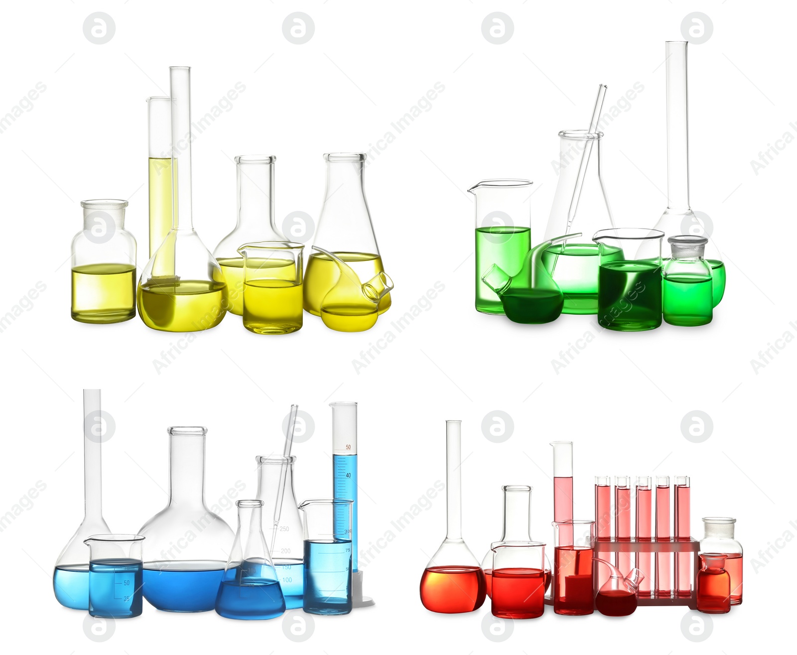 Image of Set of laboratory glassware with colorful liquids on white background