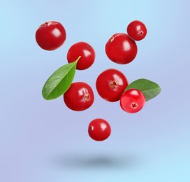 Delicious ripe cranberries and fresh leaves falling on pale light blue background