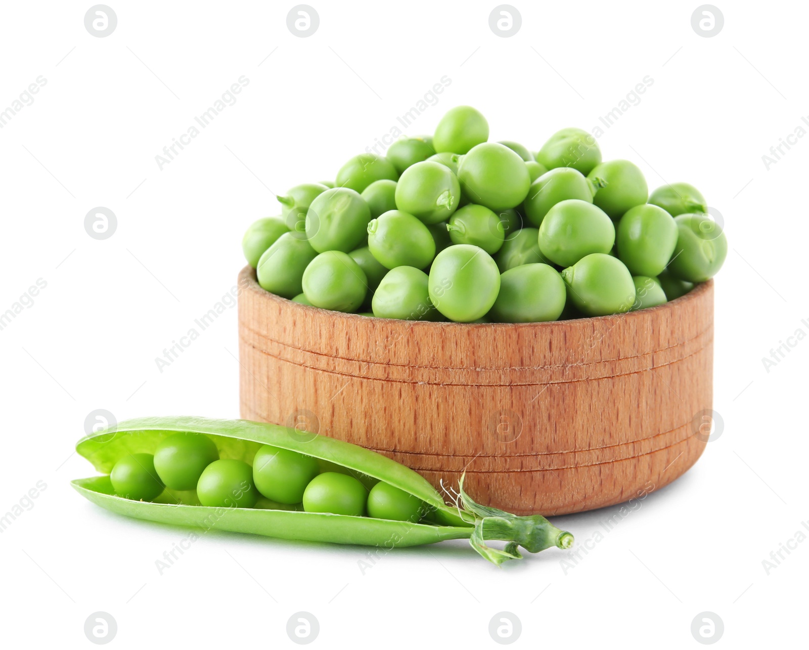 Photo of Bowl with green peas on white background