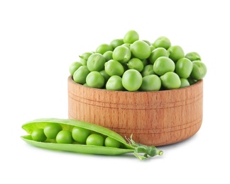 Photo of Bowl with green peas on white background