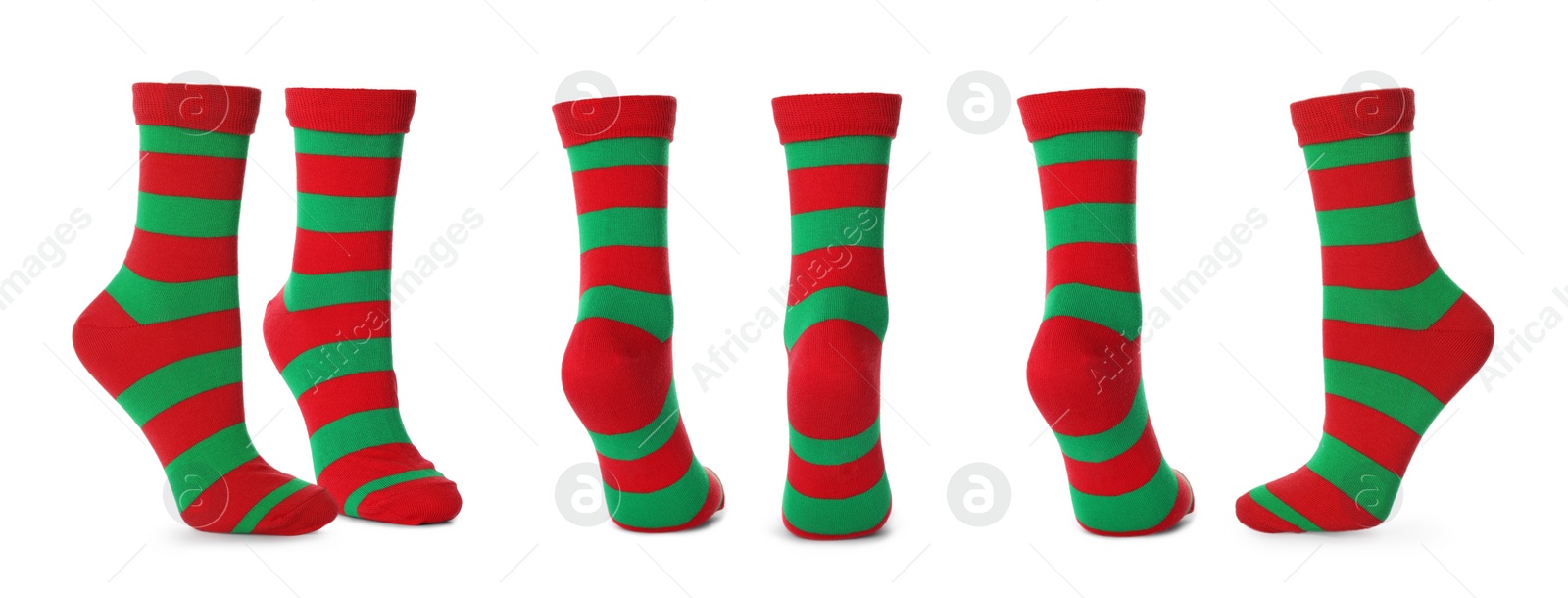 Image of Pairs of bright striped socks on white background, collage. Banner design