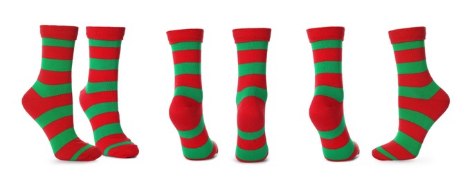 Pairs of bright striped socks on white background, collage. Banner design