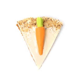 Photo of Piece of sweet carrot cake with delicious cream on white background, top view