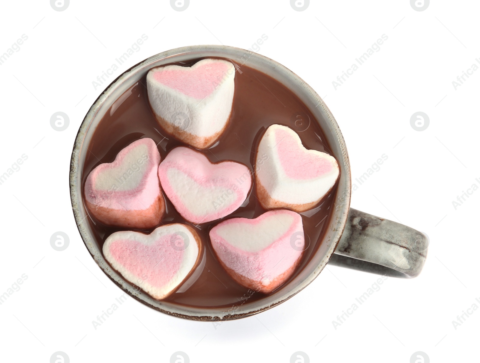 Photo of Cup of delicious hot chocolate with marshmallows isolated on white, top view