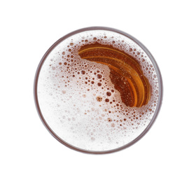 Photo of Glass with fresh beer isolated on white, top view