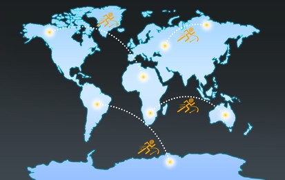 Illustration of Fast internet connection. Human figures with email address symbol as head connecting spots on world map, illustration