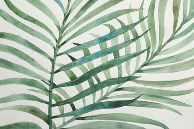 Beautiful watercolor tropical leaves painted on white paper, top view