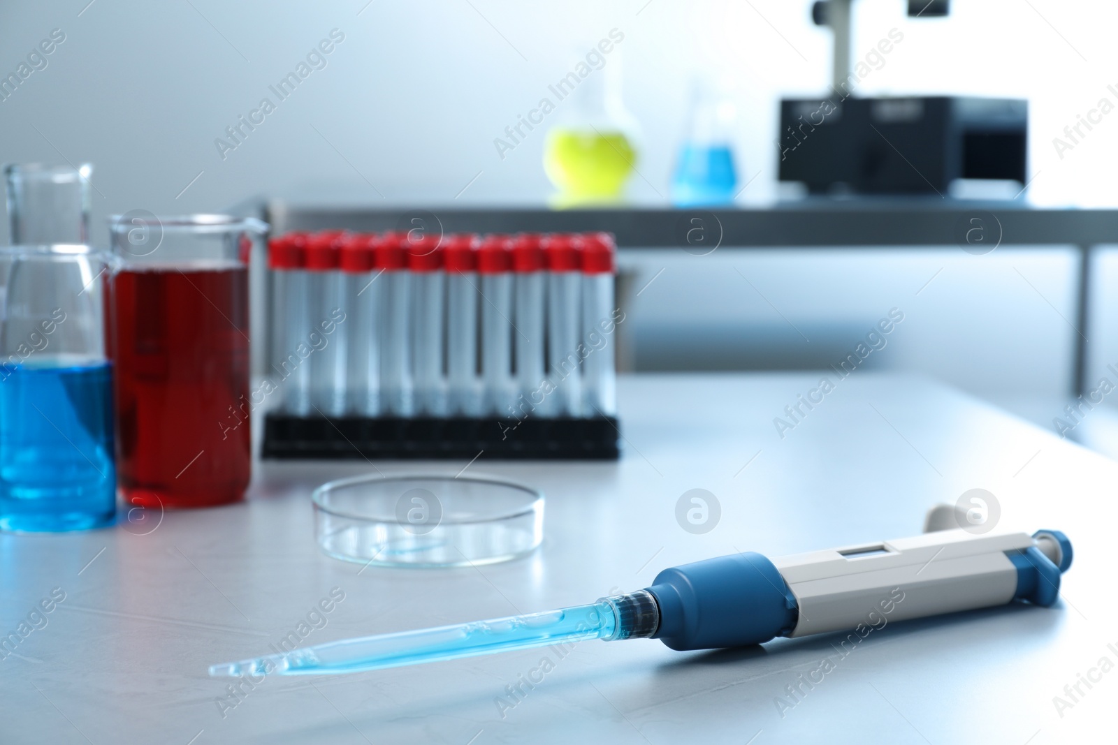 Photo of Laboratory analysis. Micropipette, beakers with liquids, petri dish and test tubes on grey table