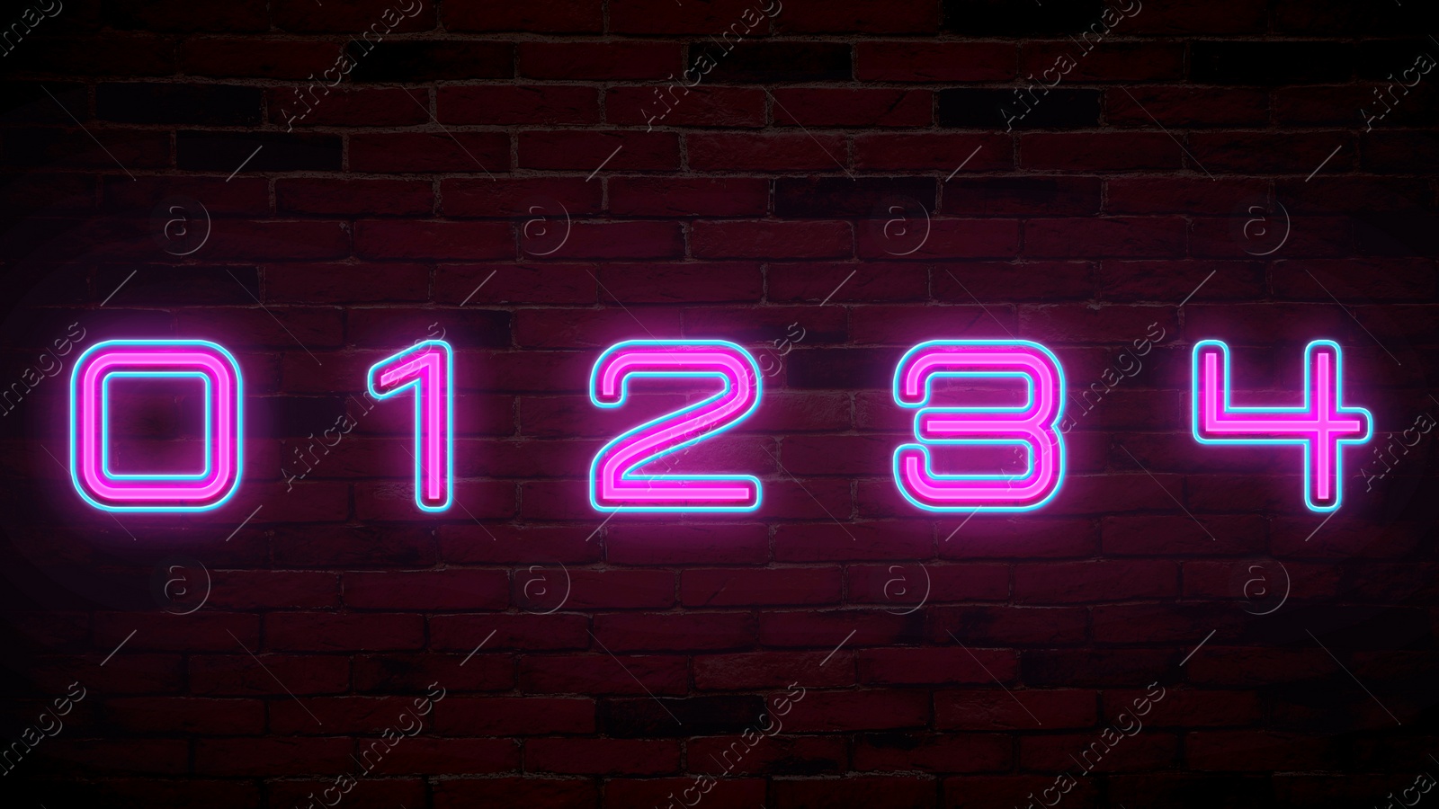 Image of Glowing neon number (0, 1, 2, 3, 4) signs on brick wall