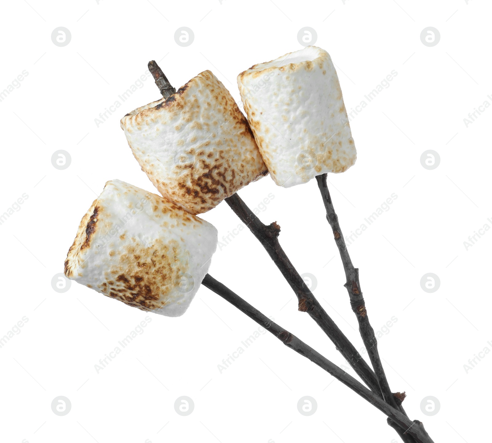 Photo of Twigs with roasted marshmallows on white background