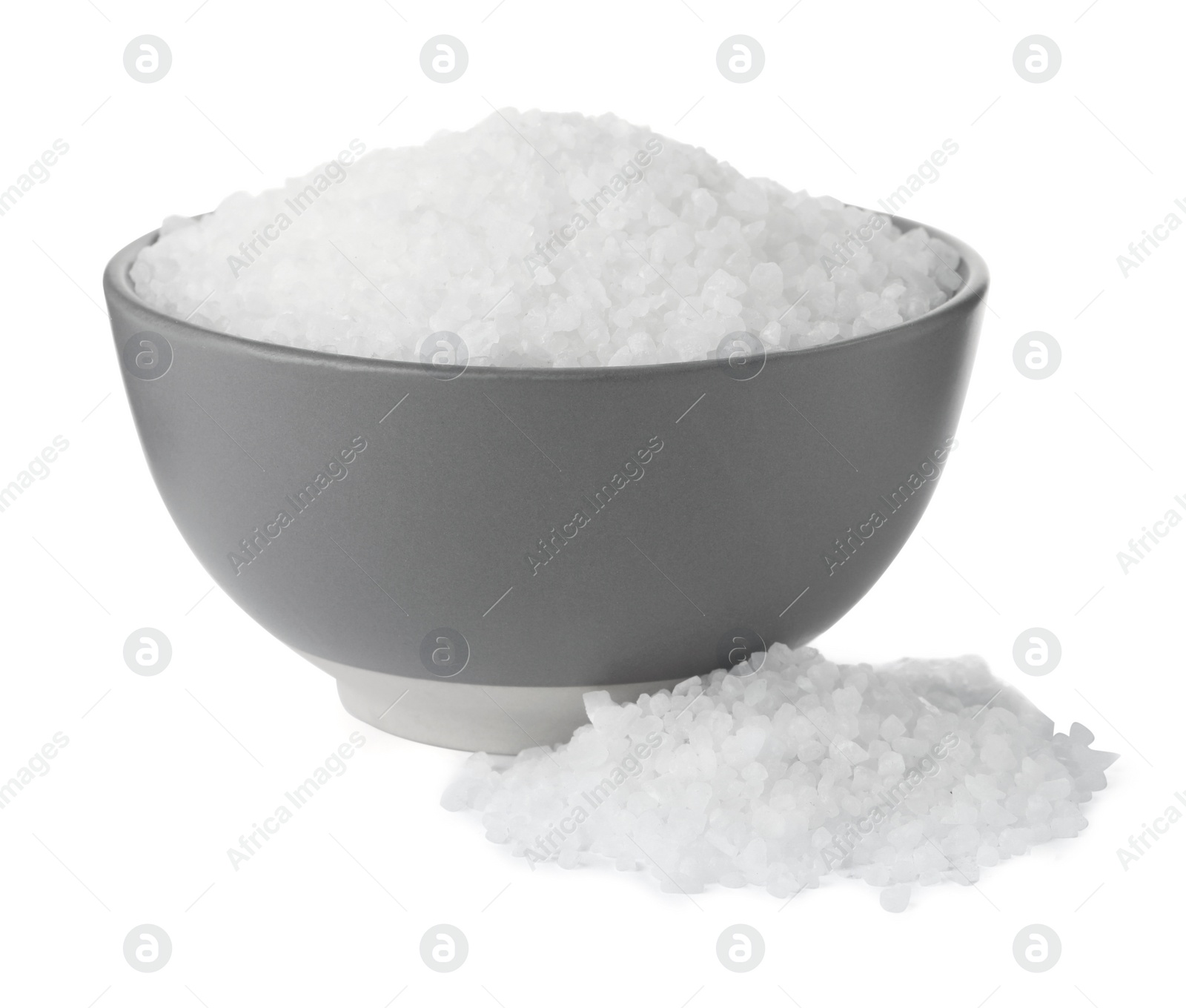 Photo of Natural sea salt in grey bowl on white background