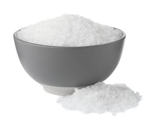 Natural sea salt in grey bowl on white background