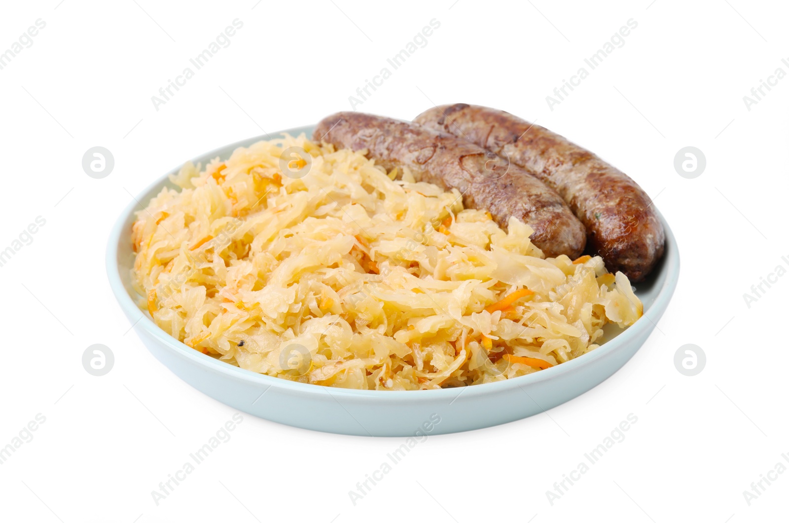 Photo of Plate with sauerkraut and sausages isolated on white
