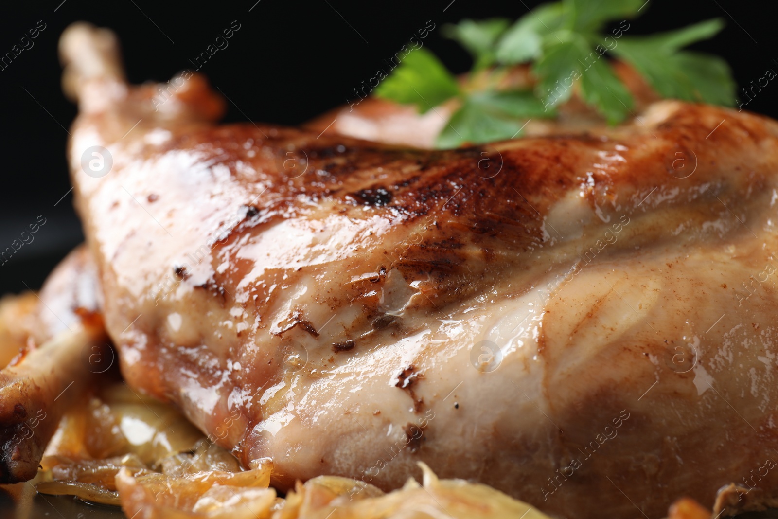 Photo of Tasty cooked rabbit meat with vegetables, closeup