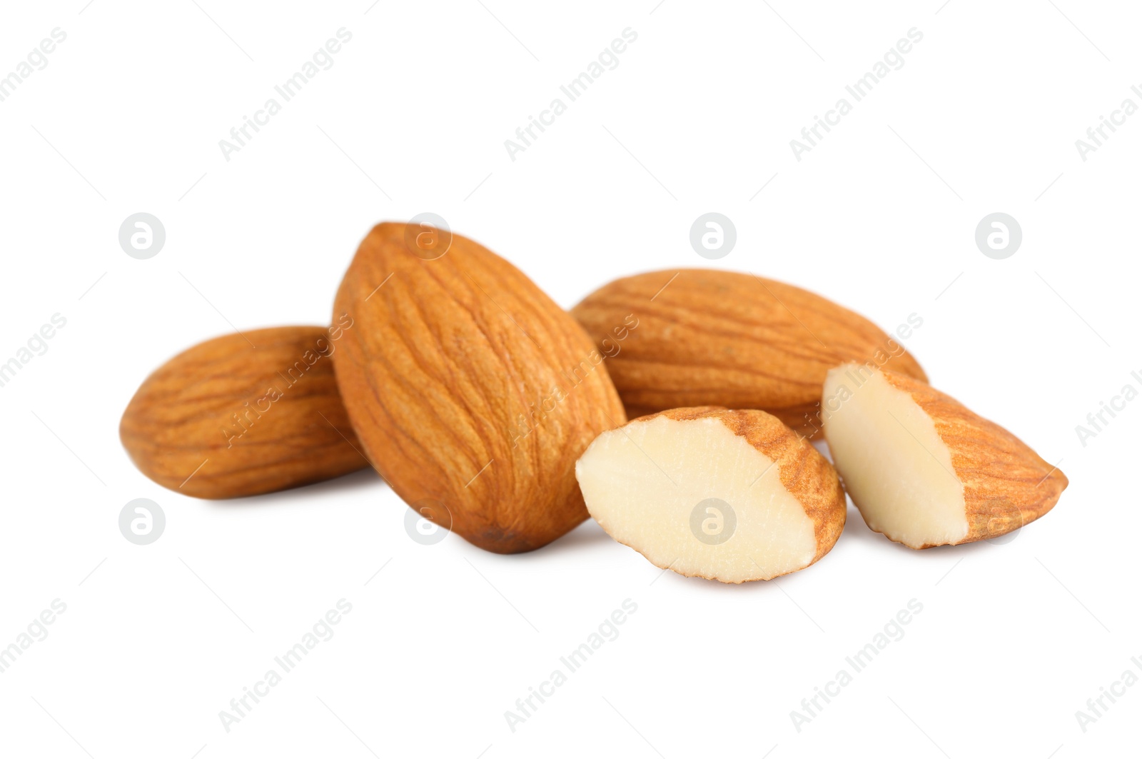 Photo of Organic almond nuts on white background. Healthy snack