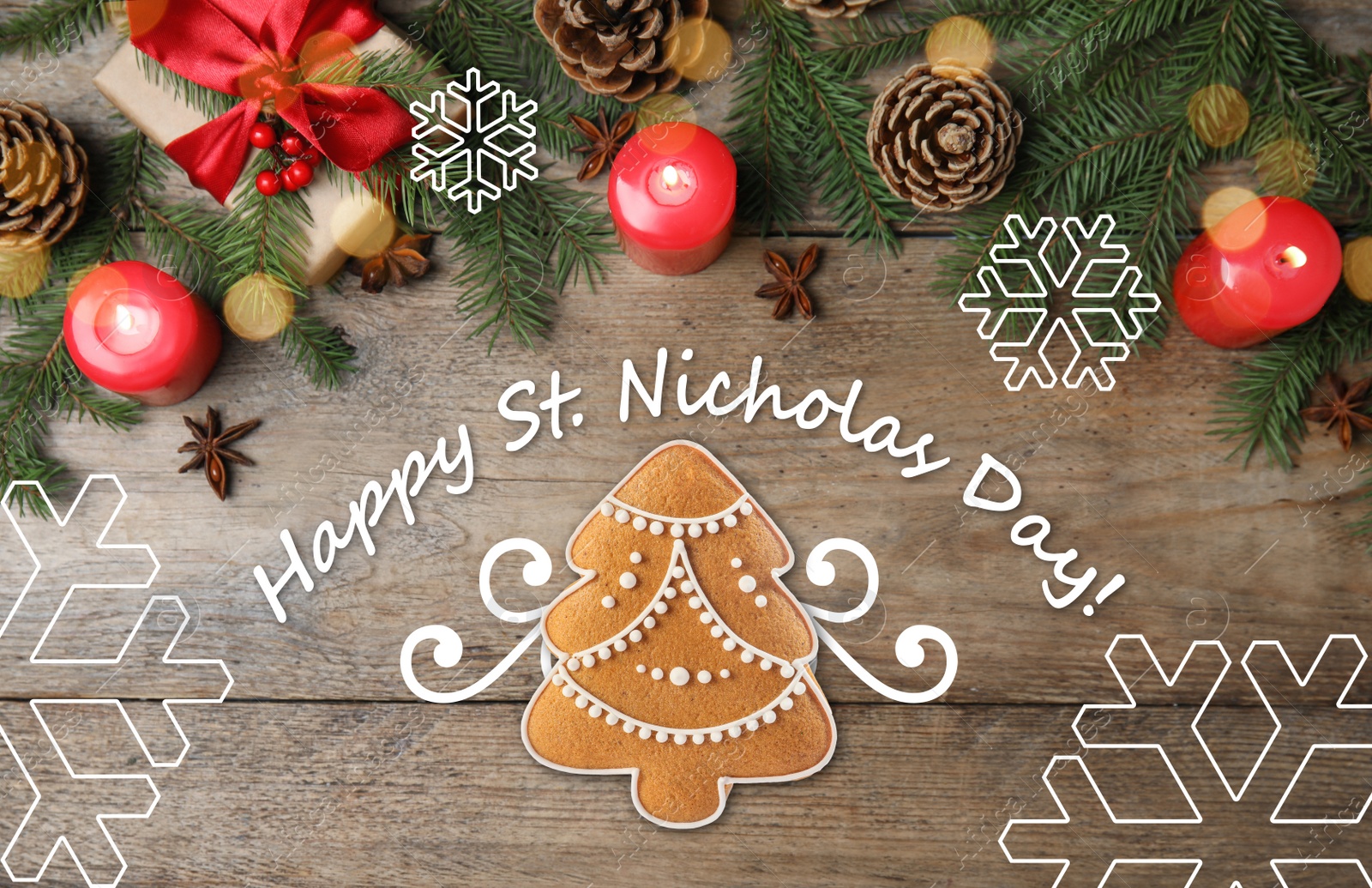 Image of Happy St. Nicholas day, greeting card design. Fir branches, decor and tasty cookie in shape of Christmas tree on wooden background, flat lay