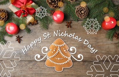 Image of Happy St. Nicholas day, greeting card design. Fir branches, decor and tasty cookie in shapeChristmas tree on wooden background, flat lay