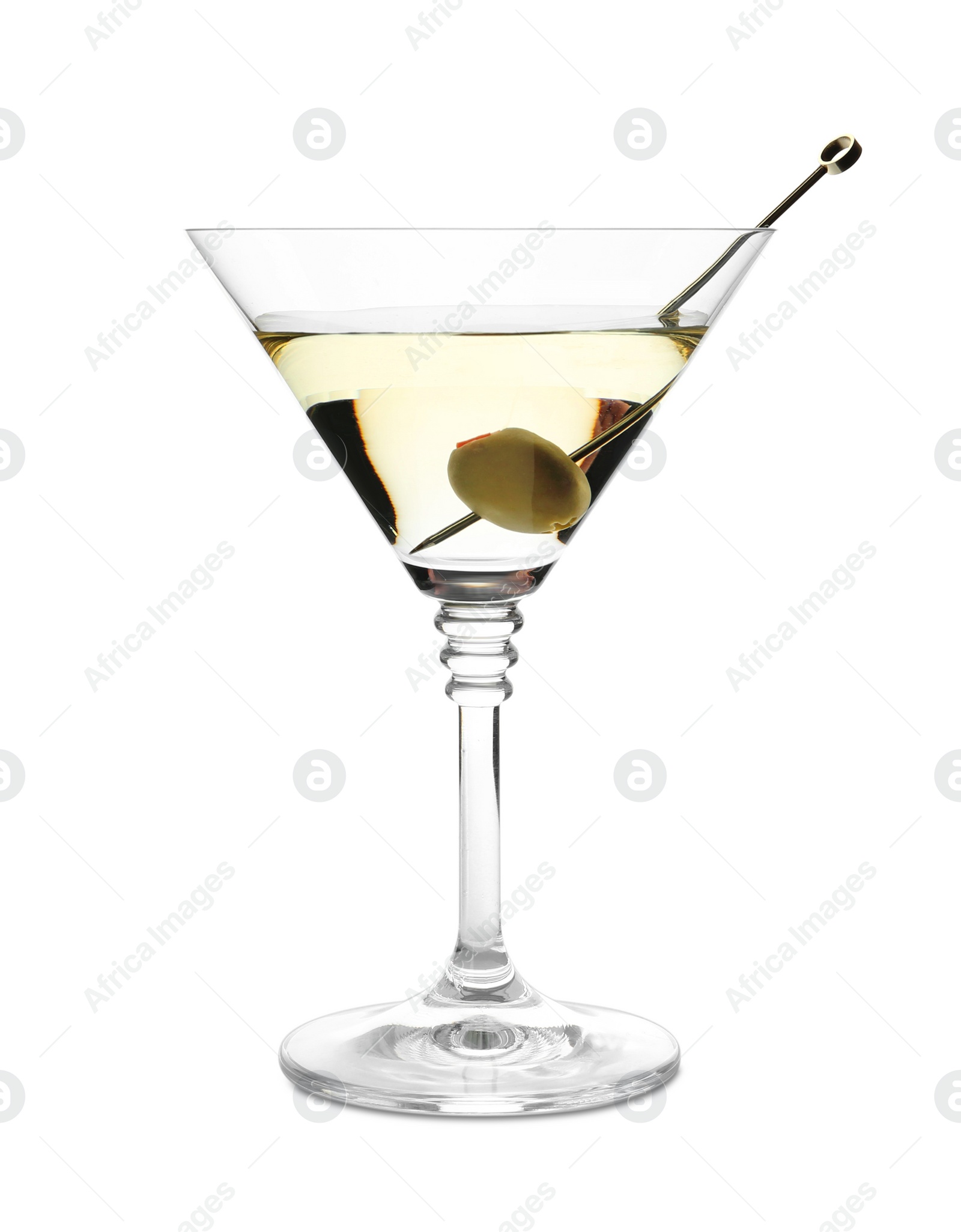 Photo of Glass of Classic Dry Martini with olive on white background