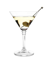 Photo of Glass of Classic Dry Martini with olive on white background