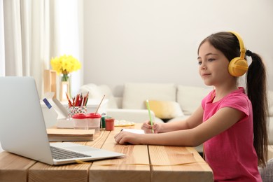 Photo of Little girl with headphones drawing on paper at online lesson indoors. Distance learning