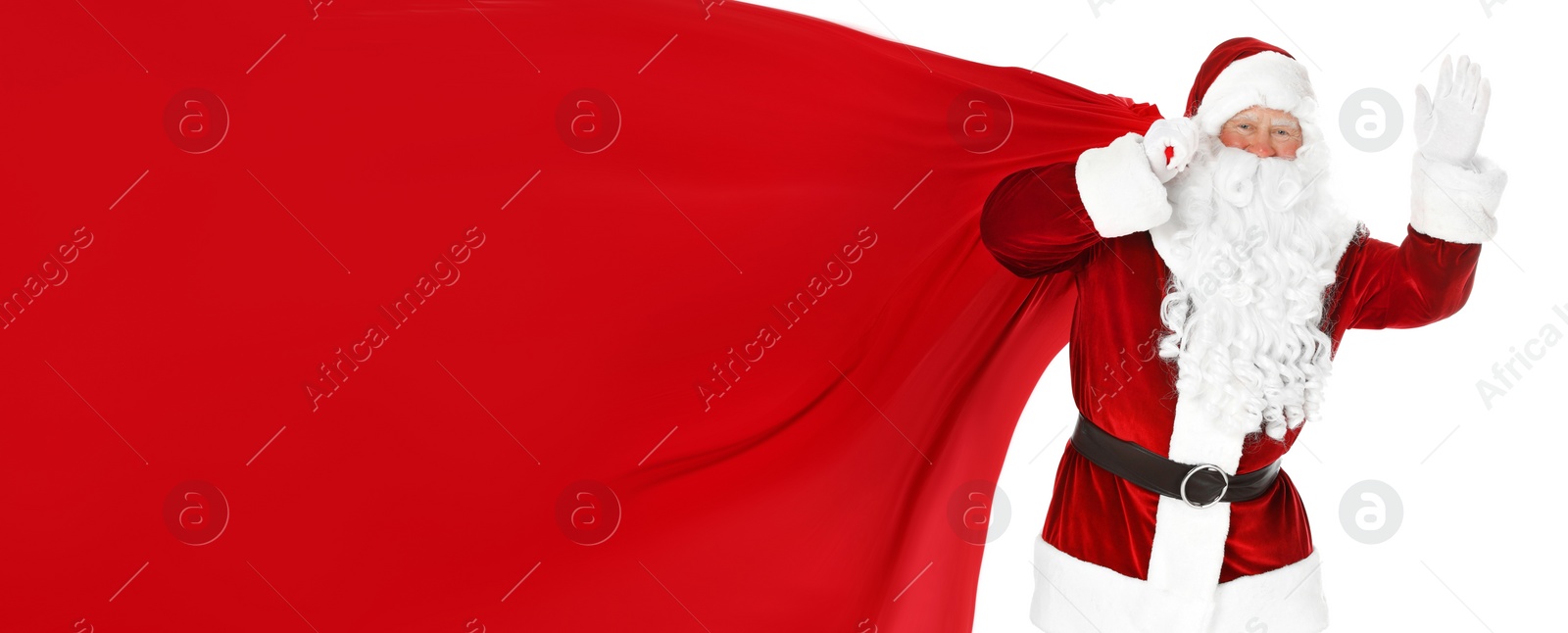 Image of Santa Claus with big red bag full of Christmas presents on white background, banner design