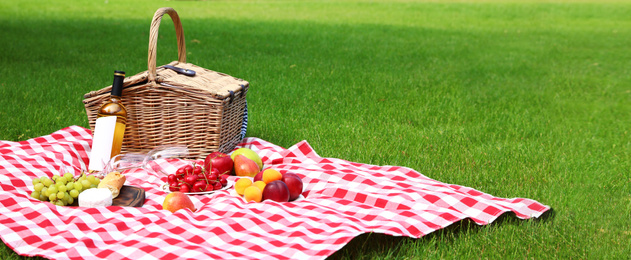 Picnic basket with products and bottle of wine on checkered blanket in garden, space for text. Banner design