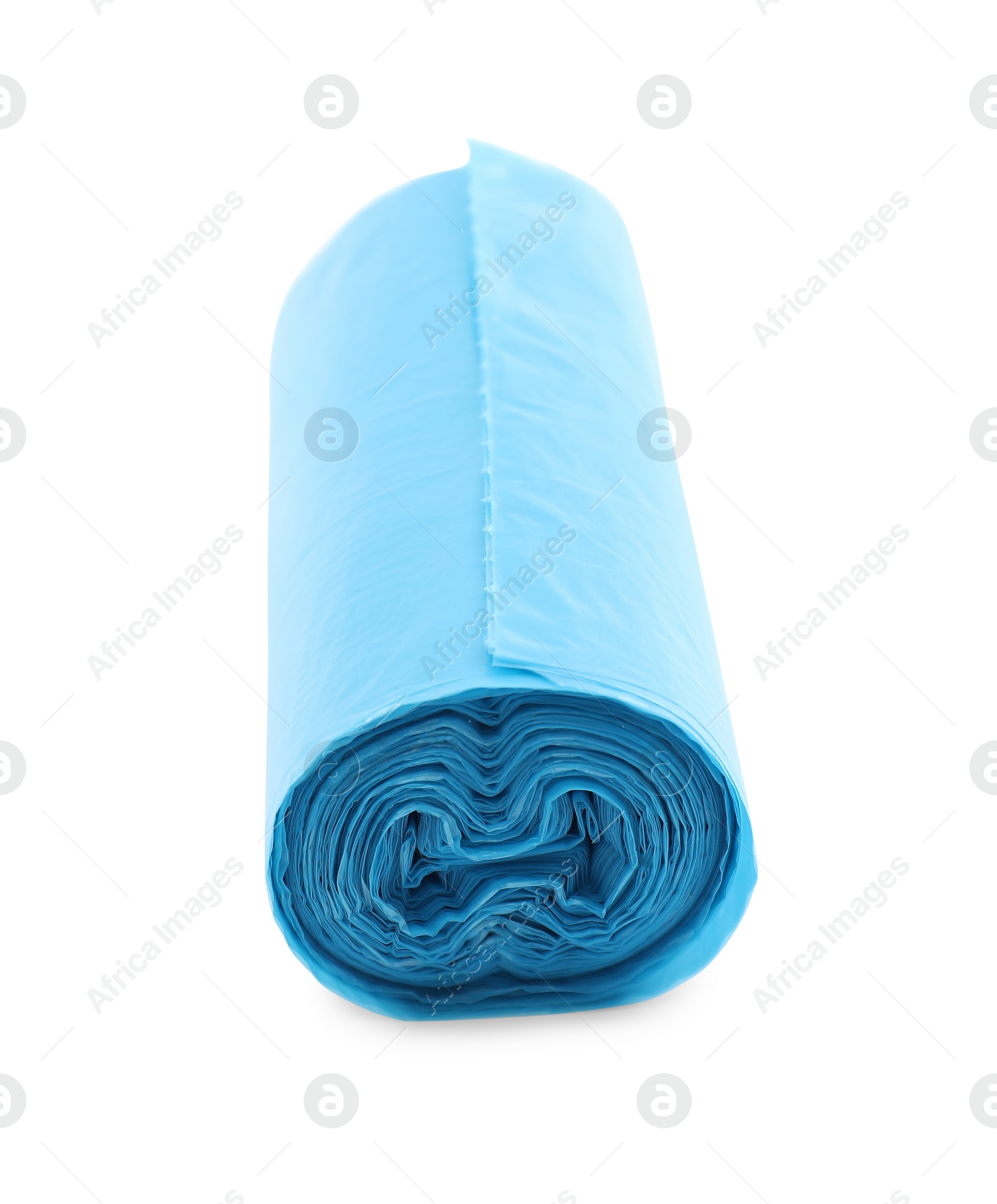 Photo of Roll of light blue garbage bags isolated on white