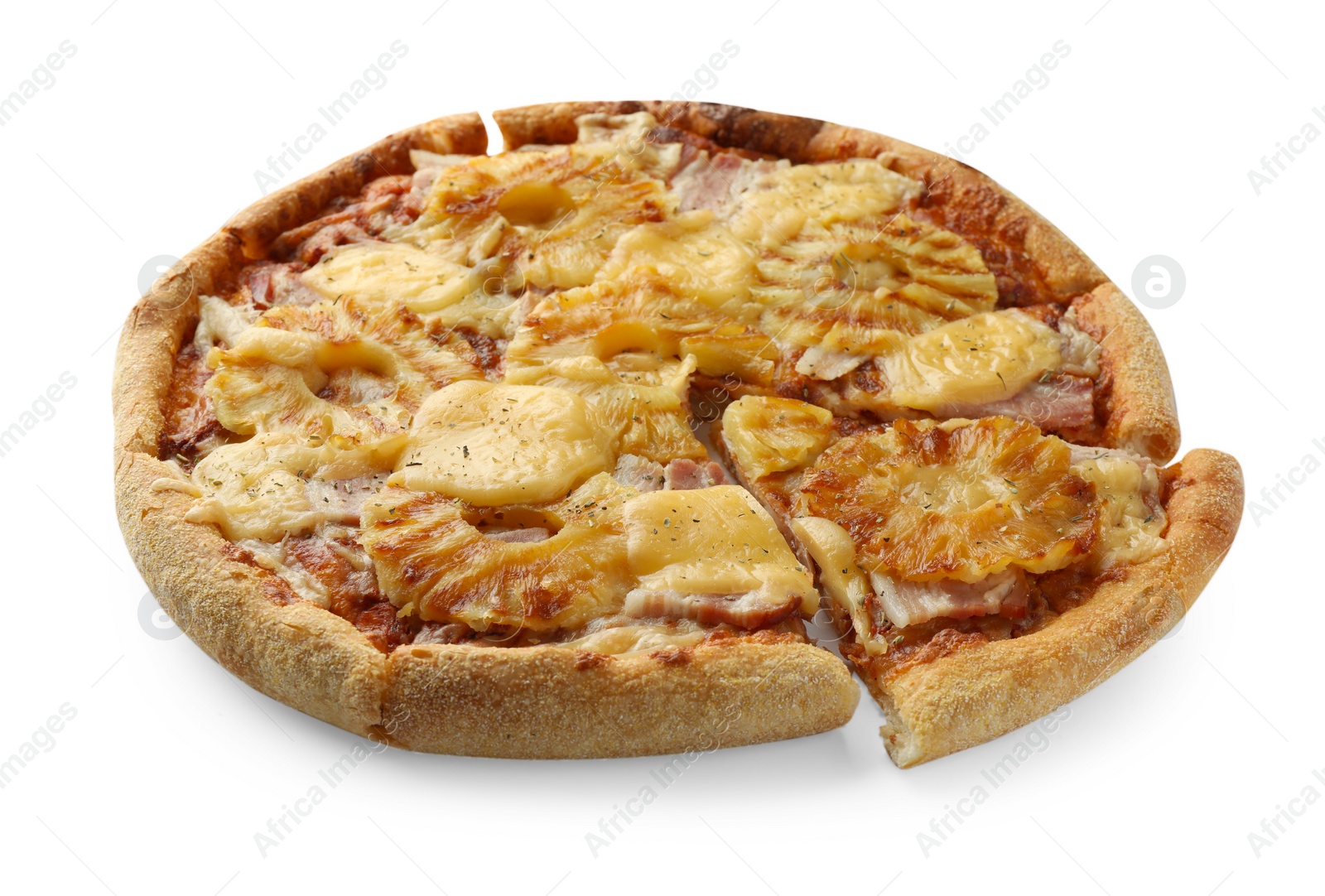 Photo of Delicious cut pineapple pizza isolated on white